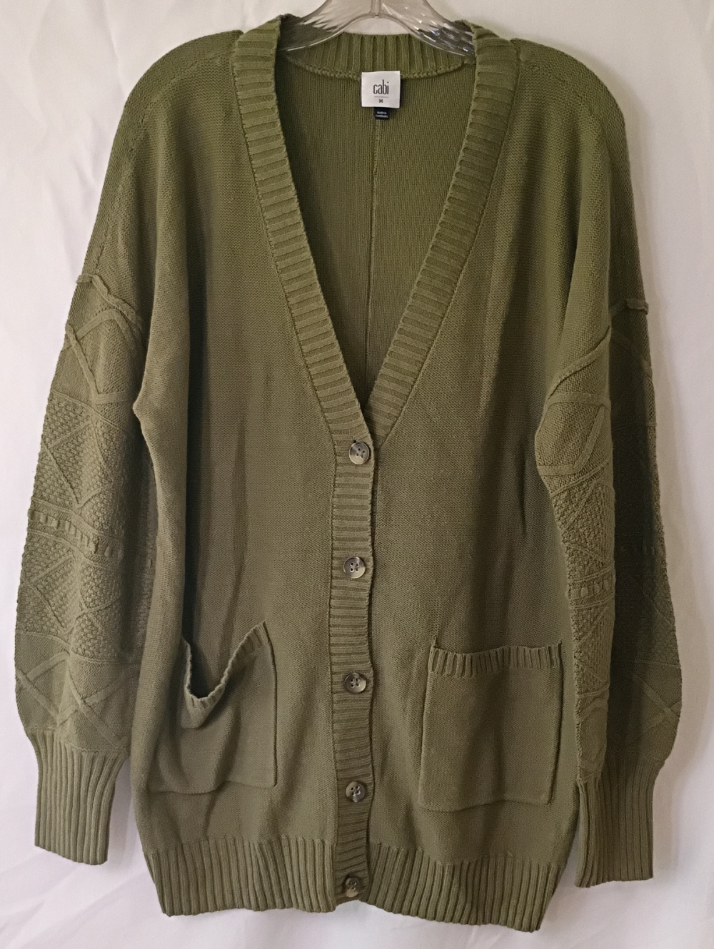 CAbi Olive Green Textured Sleeve Button-Up Cardigan